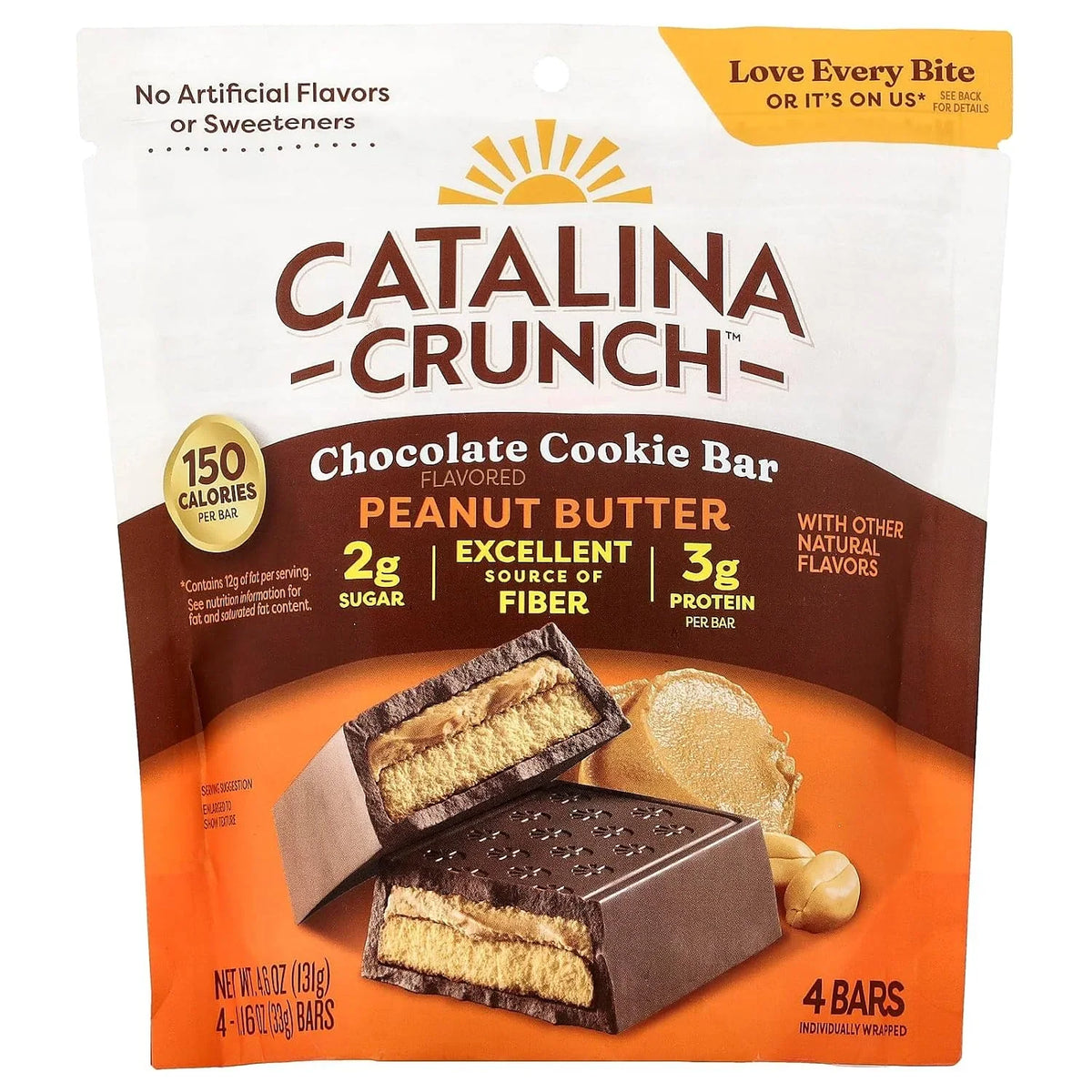 Catalina Crunch Chocolate Cookie Bars - Keto Friendly Snacks with 2g Sugar and 3g Protein - Gluten Free Low Carb Candy Bars, Kosher - Peanut Butter, 4 Count (Pack of 1)